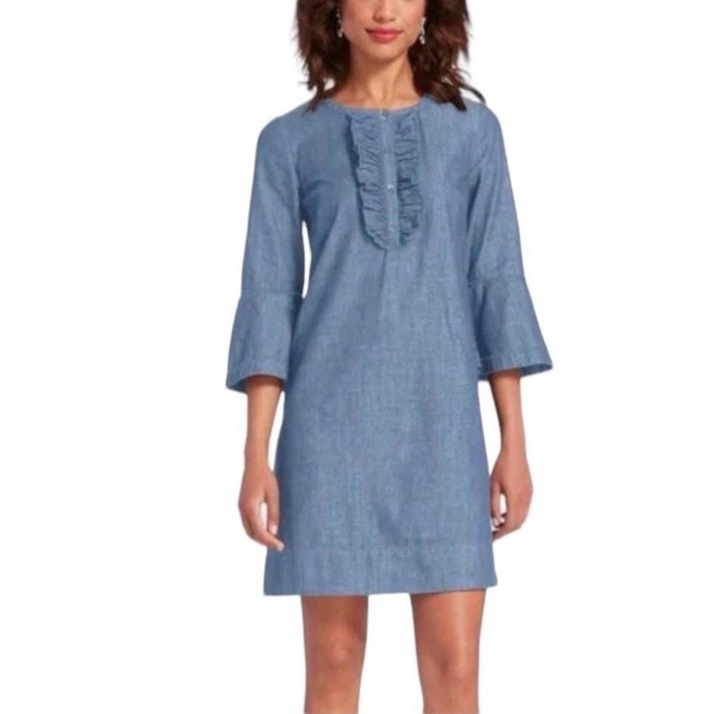 Draper James NWOT Chambray Ruffle Shift Dress Blue Denim 3/4 Bell Sleeve SZ Z SZ